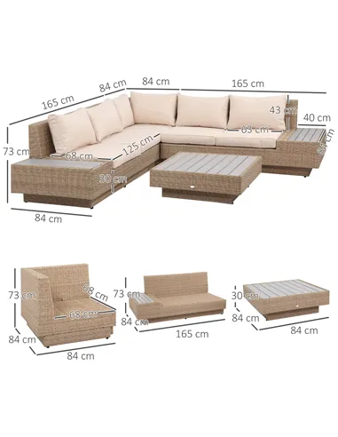 Outsunny 4 Pieces Rattan Garden Furniture Set, Garden Corner Sofa with Side Trays, Wicker Conservatory Furniture Set with Lovese
