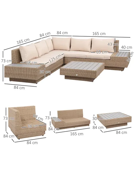 Outsunny 4 Pieces Rattan Garden Furniture Set, Garden Corner Sofa with Side Trays, Wicker Conservatory Furniture Set with Lovese