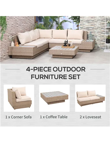 Outsunny 4 Pieces Rattan Garden Furniture Set, Garden Corner Sofa with Side Trays, Wicker Conservatory Furniture Set with Lovese