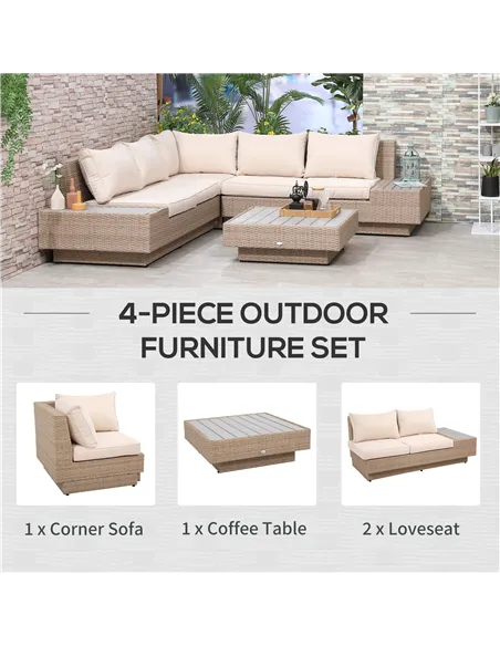 Outsunny 4 Pieces Rattan Garden Furniture Set, Garden Corner Sofa with Side Trays, Wicker Conservatory Furniture Set with Lovese