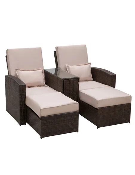 Outsunny 2-Seater Rattan Sofa Lounger Set-Brown