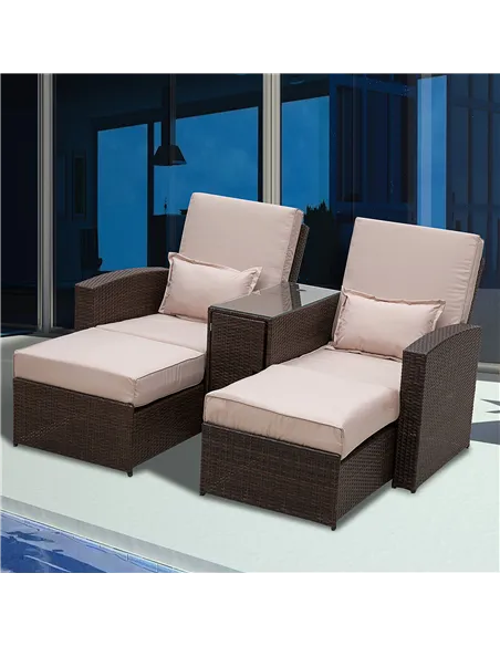 Outsunny 2-Seater Rattan Sofa Lounger Set-Brown