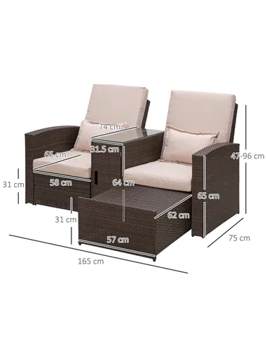 Outsunny 2-Seater Rattan Sofa Lounger Set-Brown
