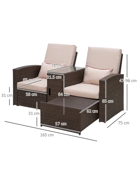 Outsunny 2-Seater Rattan Sofa Lounger Set-Brown