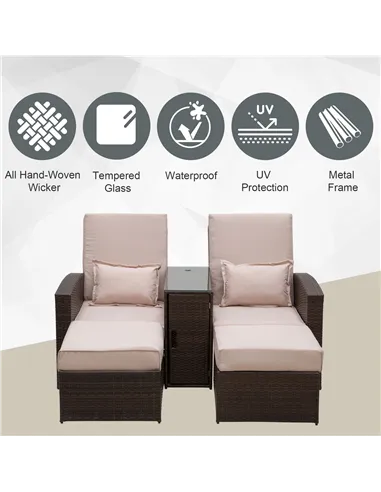 Outsunny 2-Seater Rattan Sofa Lounger Set-Brown