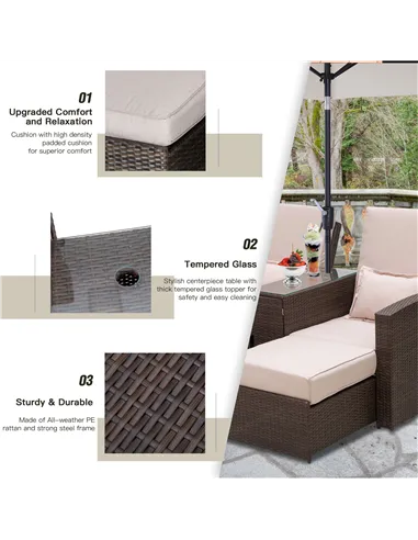 Outsunny 2-Seater Rattan Sofa Lounger Set-Brown