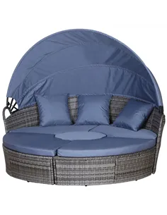 Outsunny PE Rattan Lounge Set, 5 Pieces Patio Conversation Furniture Set, Garden Round Sofa Bed with Cushion and Retractable Can