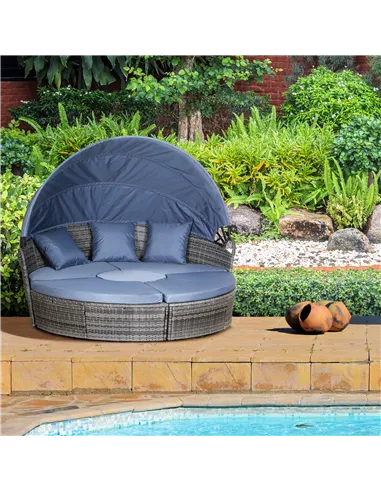 Outsunny PE Rattan Lounge Set, 5 Pieces Patio Conversation Furniture Set, Garden Round Sofa Bed with Cushion and Retractable Can