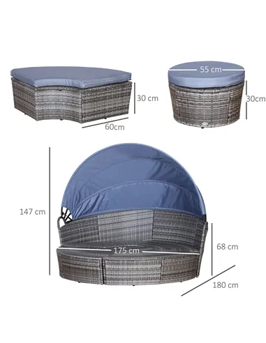 Outsunny PE Rattan Lounge Set, 5 Pieces Patio Conversation Furniture Set, Garden Round Sofa Bed with Cushion and Retractable Can