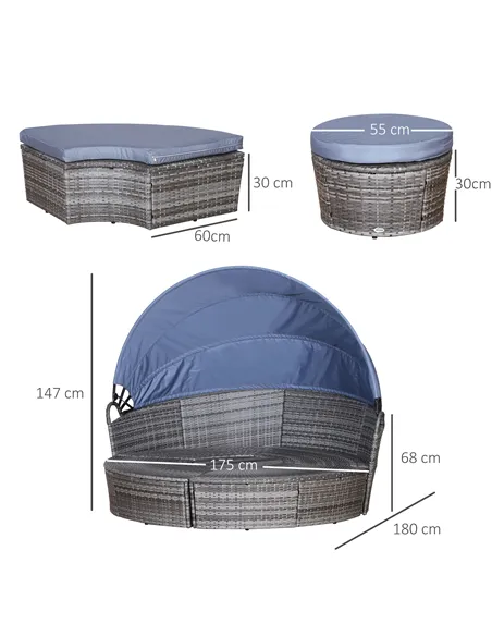 Outsunny PE Rattan Lounge Set, 5 Pieces Patio Conversation Furniture Set, Garden Round Sofa Bed with Cushion and Retractable Can