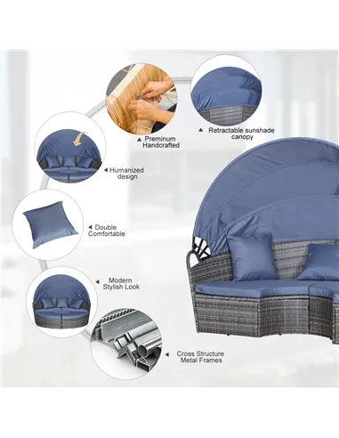 Outsunny PE Rattan Lounge Set, 5 Pieces Patio Conversation Furniture Set, Garden Round Sofa Bed with Cushion and Retractable Can