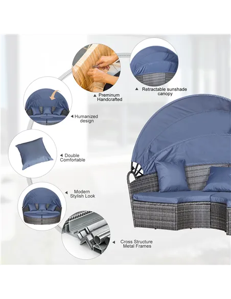 Outsunny PE Rattan Lounge Set, 5 Pieces Patio Conversation Furniture Set, Garden Round Sofa Bed with Cushion and Retractable Can