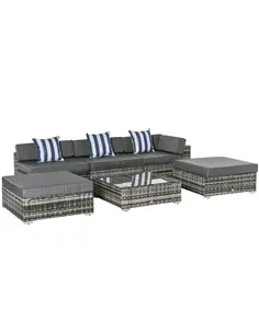 Outsunny 6 PC Rattan Sofa Coffee Table Set Sectional Wicker Weave Furniture for Garden Outdoor Conservatory w/ Pillow Cushion Gr