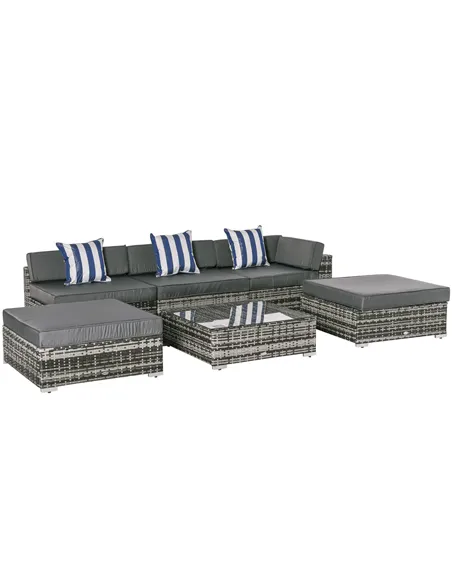 Outsunny 6 PC Rattan Sofa Coffee Table Set Sectional Wicker Weave Furniture for Garden Outdoor Conservatory w/ Pillow Cushion Gr
