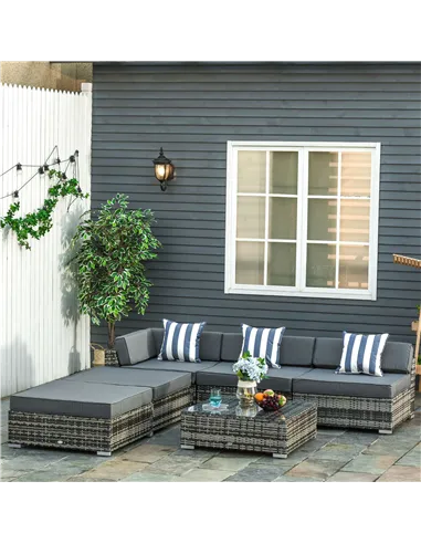 Outsunny 6 PC Rattan Sofa Coffee Table Set Sectional Wicker Weave Furniture for Garden Outdoor Conservatory w/ Pillow Cushion Gr