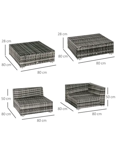 Outsunny 6 PC Rattan Sofa Coffee Table Set Sectional Wicker Weave Furniture for Garden Outdoor Conservatory w/ Pillow Cushion Gr