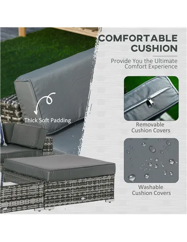 Outsunny 6 PC Rattan Sofa Coffee Table Set Sectional Wicker Weave Furniture for Garden Outdoor Conservatory w/ Pillow Cushion Gr