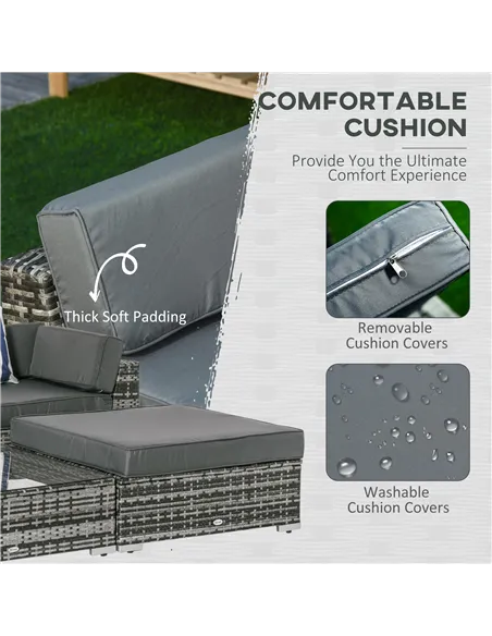 Outsunny 6 PC Rattan Sofa Coffee Table Set Sectional Wicker Weave Furniture for Garden Outdoor Conservatory w/ Pillow Cushion Gr