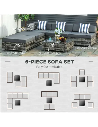 Outsunny 6 PC Rattan Sofa Coffee Table Set Sectional Wicker Weave Furniture for Garden Outdoor Conservatory w/ Pillow Cushion Gr