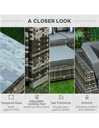 Outsunny 6 PC Rattan Sofa Coffee Table Set Sectional Wicker Weave Furniture for Garden Outdoor Conservatory w/ Pillow Cushion Gr