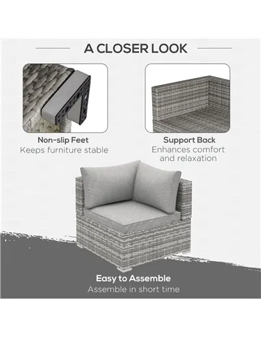 Outsunny Outdoor PE Rattan Corner Sofa, Garden Wicker Furniture Single Sofa Chair w/ Cushions, Light Grey