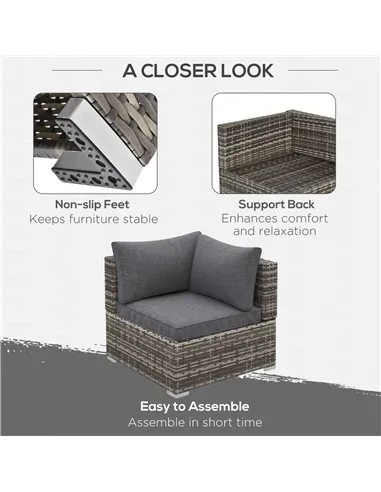 Outsunny Outdoor PE Rattan Corner Sofa, Garden Wicker Furniture Single Sofa Chair w/ Cushions, Deep Grey