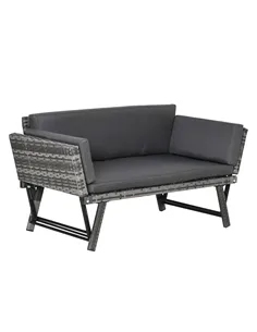 Outsunny 2 Seater Rattan Sofa with Cushions, 2-in-1 PE Rattan Daybed Sofa with Left Up or Down Armrests, Garden Chaise Lounger L