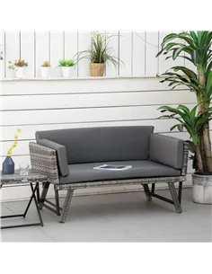 Outsunny 2 Seater Rattan Sofa with Cushions, 2-in-1 PE Rattan Daybed Sofa with Left Up or Down Armrests, Garden Chaise Lounger L 2