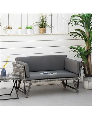 Outsunny 2 Seater Rattan Sofa with Cushions, 2-in-1 PE Rattan Daybed Sofa with Left Up or Down Armrests, Garden Chaise Lounger L