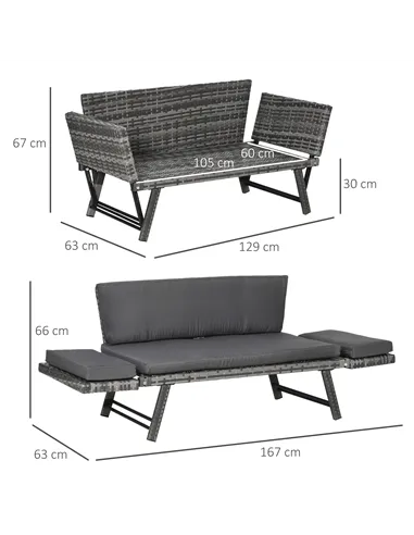 Outsunny 2 Seater Rattan Sofa with Cushions, 2-in-1 PE Rattan Daybed Sofa with Left Up or Down Armrests, Garden Chaise Lounger L