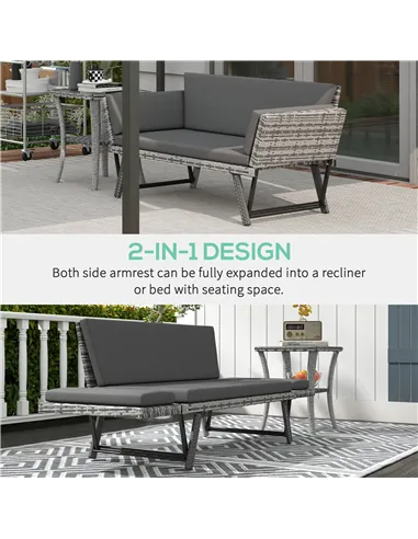 Outsunny 2 Seater Rattan Sofa with Cushions, 2-in-1 PE Rattan Daybed Sofa with Left Up or Down Armrests, Garden Chaise Lounger L