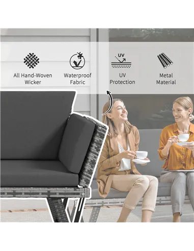 Outsunny 2 Seater Rattan Sofa with Cushions, 2-in-1 PE Rattan Daybed Sofa with Left Up or Down Armrests, Garden Chaise Lounger L