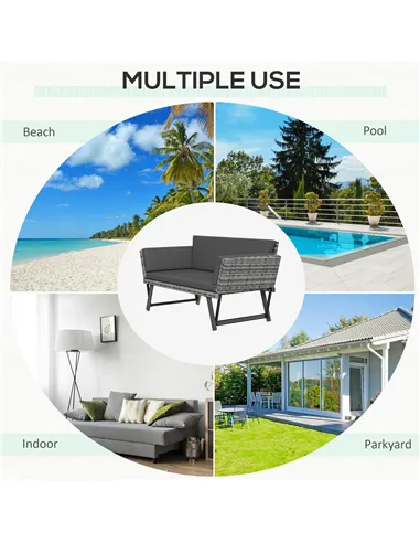 Outsunny 2 Seater Rattan Sofa with Cushions, 2-in-1 PE Rattan Daybed Sofa with Left Up or Down Armrests, Garden Chaise Lounger L