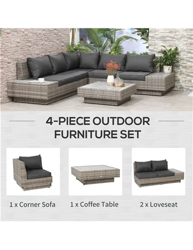 Outsunny 4 PCs Rattan Garden Furniture Outdoor Sectional Corner Sofa and Coffee Table Set  Conservatory Wicker Weave Furniture w