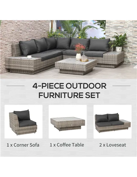 Outsunny 4 PCs Rattan Garden Furniture Outdoor Sectional Corner Sofa and Coffee Table Set  Conservatory Wicker Weave Furniture w