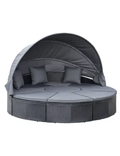 Outsunny 4 Pieces PE Rattan Garden Daybed Set, Outdoor Wicker Cushioned Round Sofa Bed Conversation Furniture with Coffee Table 