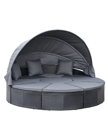 Outsunny 4 Pieces PE Rattan Garden Daybed Set, Outdoor Wicker Cushioned Round Sofa Bed Conversation Furniture with Coffee Table 