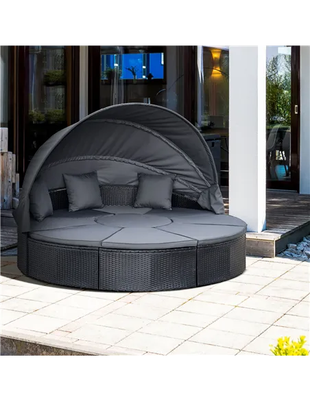 Outsunny 4 Pieces PE Rattan Garden Daybed Set, Outdoor Wicker Cushioned Round Sofa Bed Conversation Furniture with Coffee Table 