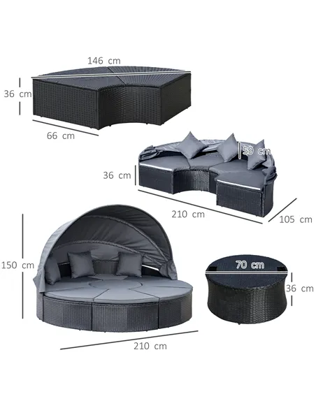 Outsunny 4 Pieces PE Rattan Garden Daybed Set, Outdoor Wicker Cushioned Round Sofa Bed Conversation Furniture with Coffee Table 