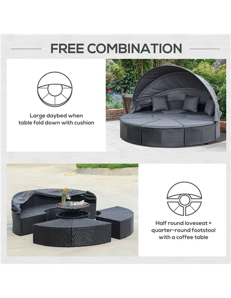 Outsunny 4 Pieces PE Rattan Garden Daybed Set, Outdoor Wicker Cushioned Round Sofa Bed Conversation Furniture with Coffee Table 