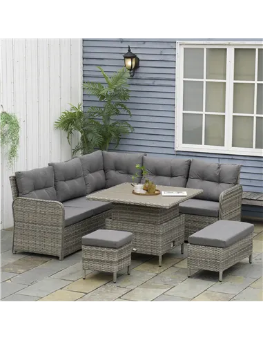 Outsunny 6 Pieces Outdoor PE Rattan Garden Furniture, Patio Wicker Sectional Conversation Corner Sofa w/ Soft Padded Cushion & L