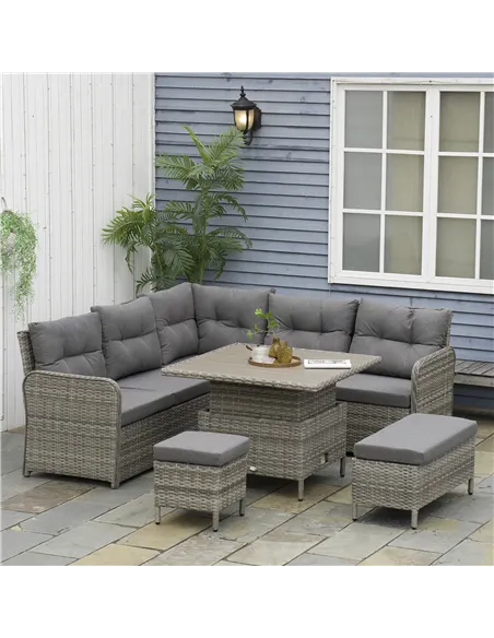 Outsunny 6 Pieces Outdoor PE Rattan Garden Furniture, Patio Wicker Sectional Conversation Corner Sofa w/ Soft Padded Cushion & L