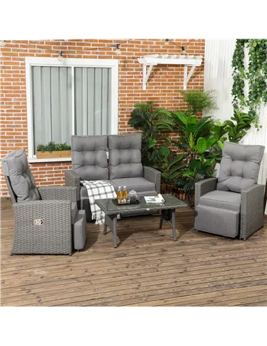 Outsunny 4 Piece Rattan Garden Furniture Set Outdoor Sofa Sectional Set with Glass Top Table for Poolside, Grey