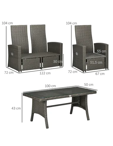 Outsunny 4 Piece Rattan Garden Furniture Set Outdoor Sofa Sectional Set with Glass Top Table for Poolside, Grey