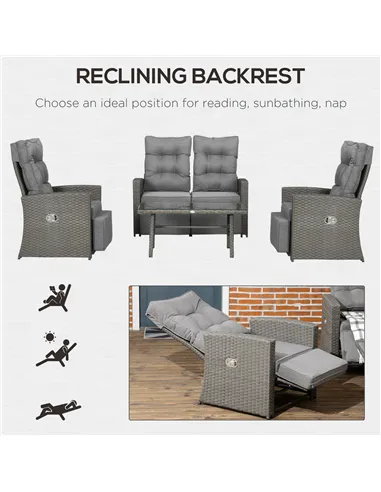 Outsunny 4 Piece Rattan Garden Furniture Set Outdoor Sofa Sectional Set with Glass Top Table for Poolside, Grey