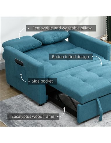 HOMCOM Loveseat Sofa Bed, Convertible Bed Settee with 2 Cushions, Side Pockets for Living Room, Blue