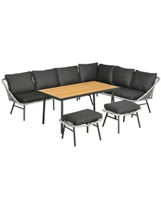 Outsunny 6 Seater Outdoor Rattan Garden Furniture Sets with Sofa, Footstool and Wood-Plastic Coffee Table, 193x72x75cm, Grey