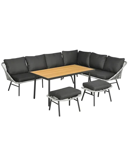 Outsunny 6 Seater Outdoor Rattan Garden Furniture Sets with Sofa, Footstool and Wood-Plastic Coffee Table, 193x72x75cm, Grey