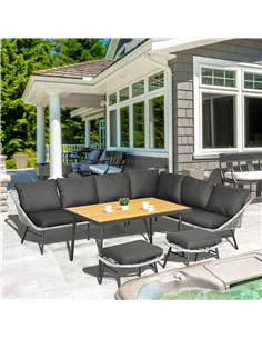 Outsunny 6 Seater Outdoor Rattan Garden Furniture Sets with Sofa, Footstool and Wood-Plastic Coffee Table, 193x72x75cm, Grey 2