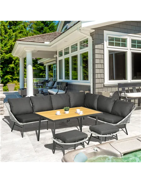 Outsunny 6 Seater Outdoor Rattan Garden Furniture Sets with Sofa, Footstool and Wood-Plastic Coffee Table, 193x72x75cm, Grey